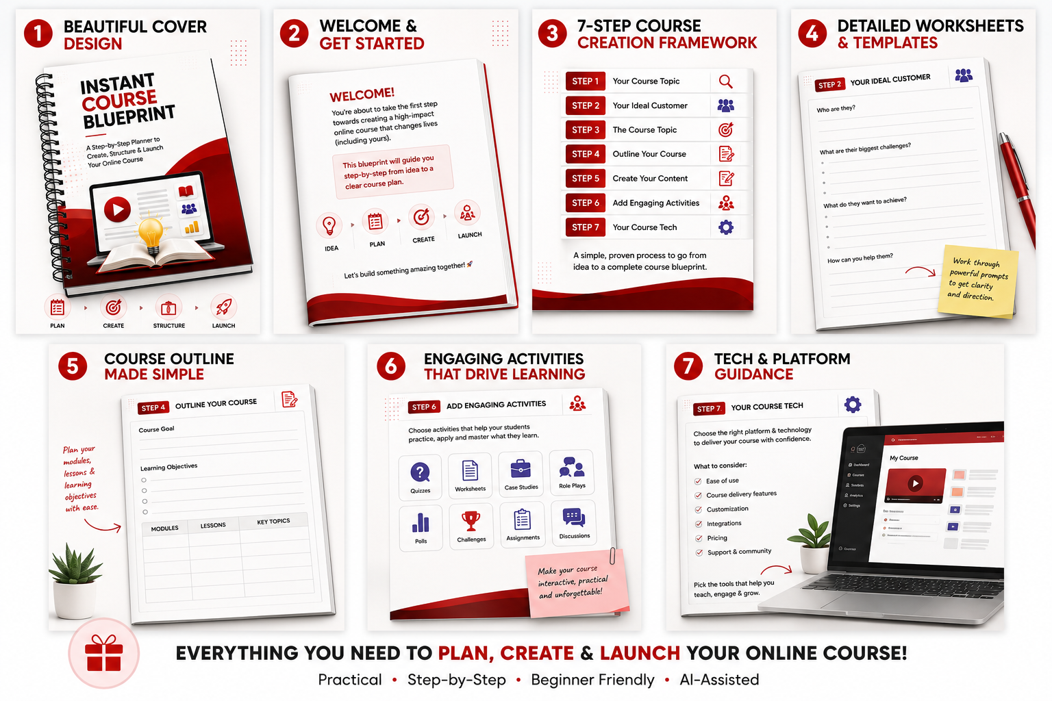 Inside pages of the Instant Course Blueprint: cover design, welcome pages, 7-step framework, worksheets, course outline, activities and tech guidance