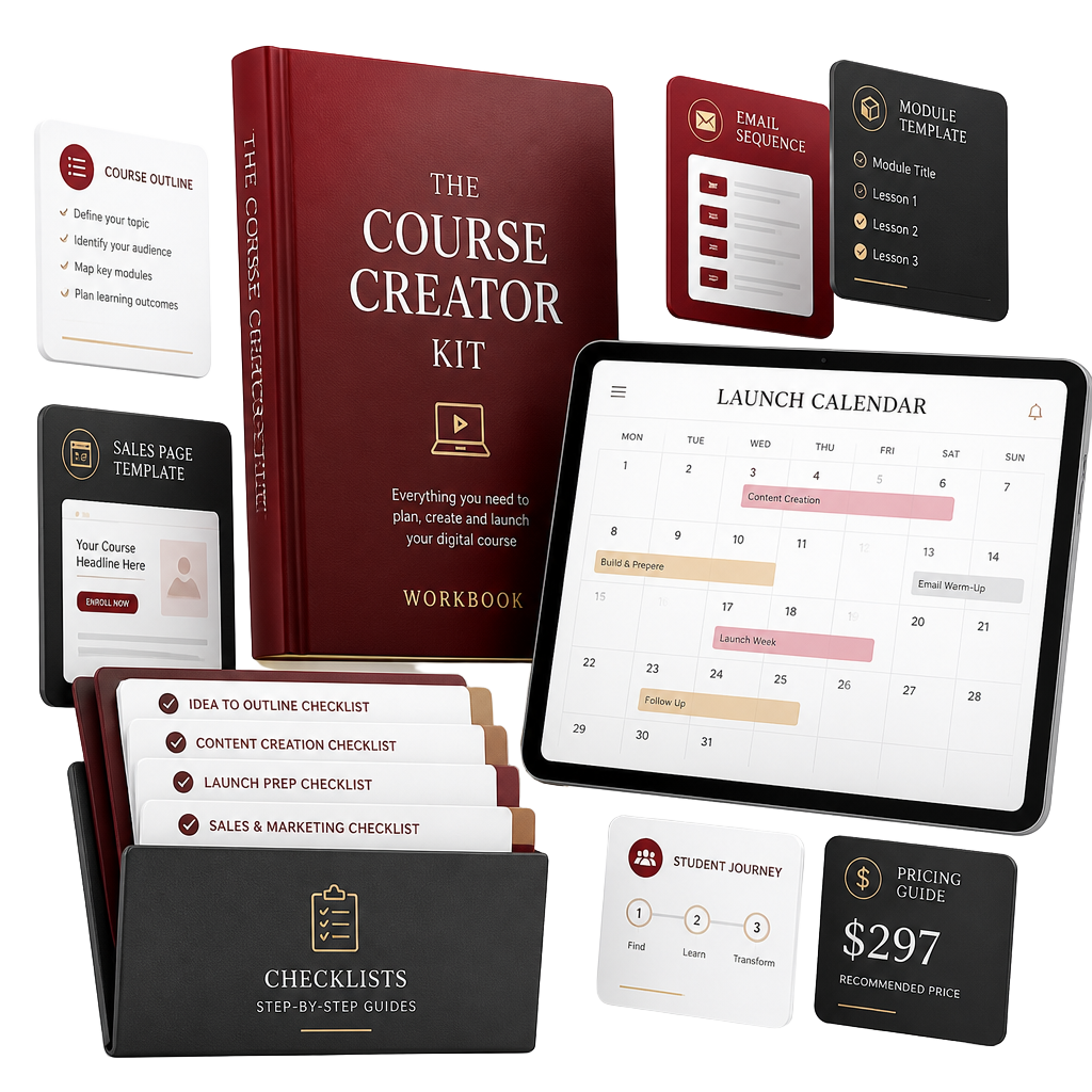 Complete Course Creator Kit: blueprint workbook, templates, AI resources, launch calendar and bonuses