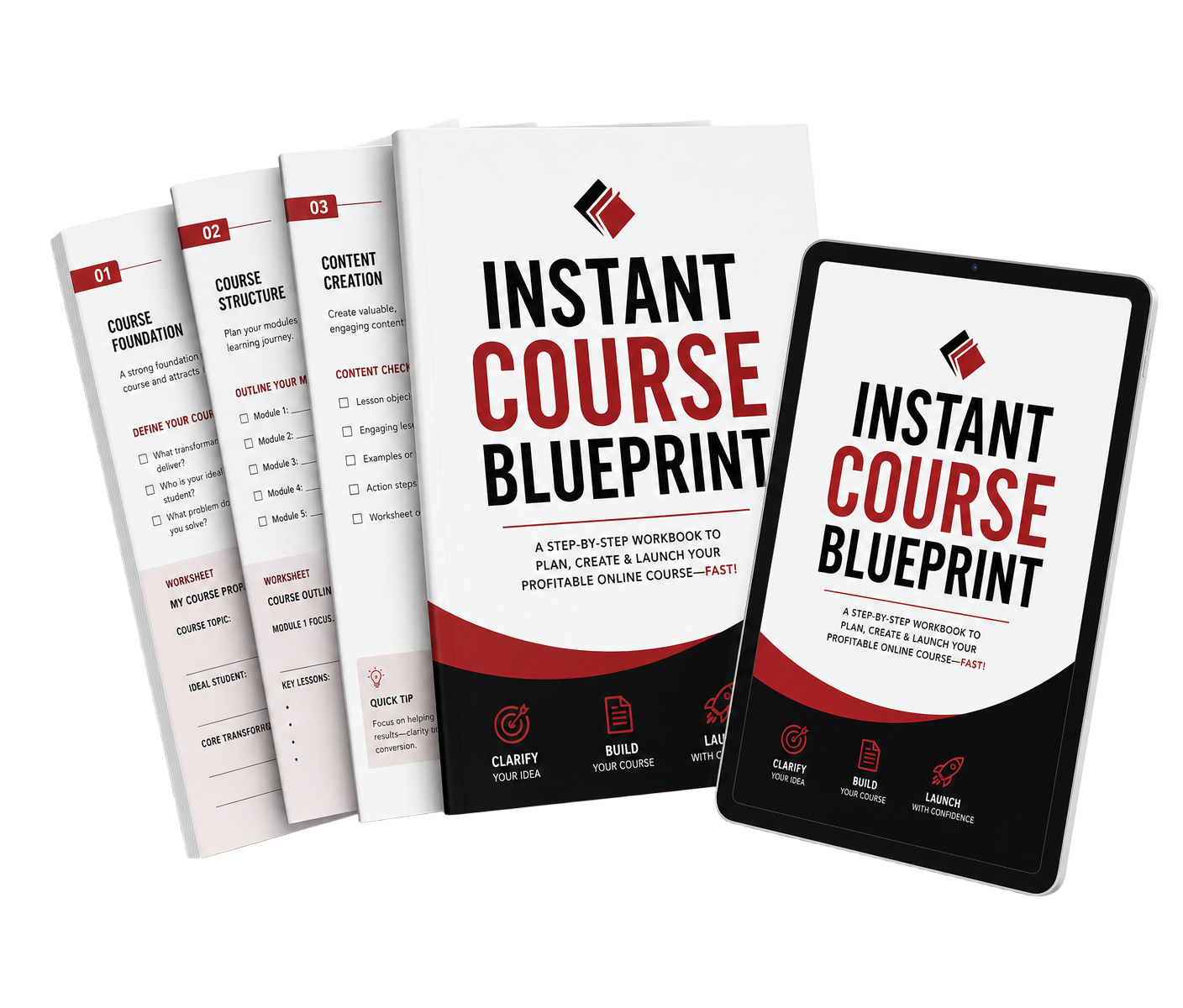 Instant Course Blueprint workbook pages and tablet mockup