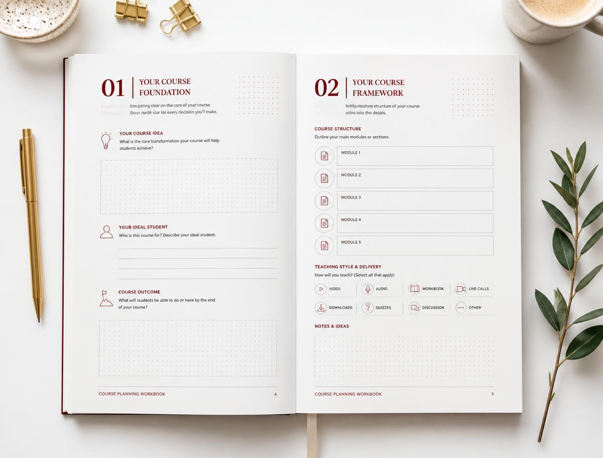 Open Instant Course Blueprint workbook spread with worksheets